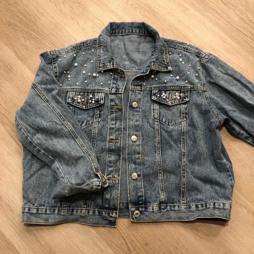 Oversized jean jacket with pearl accents